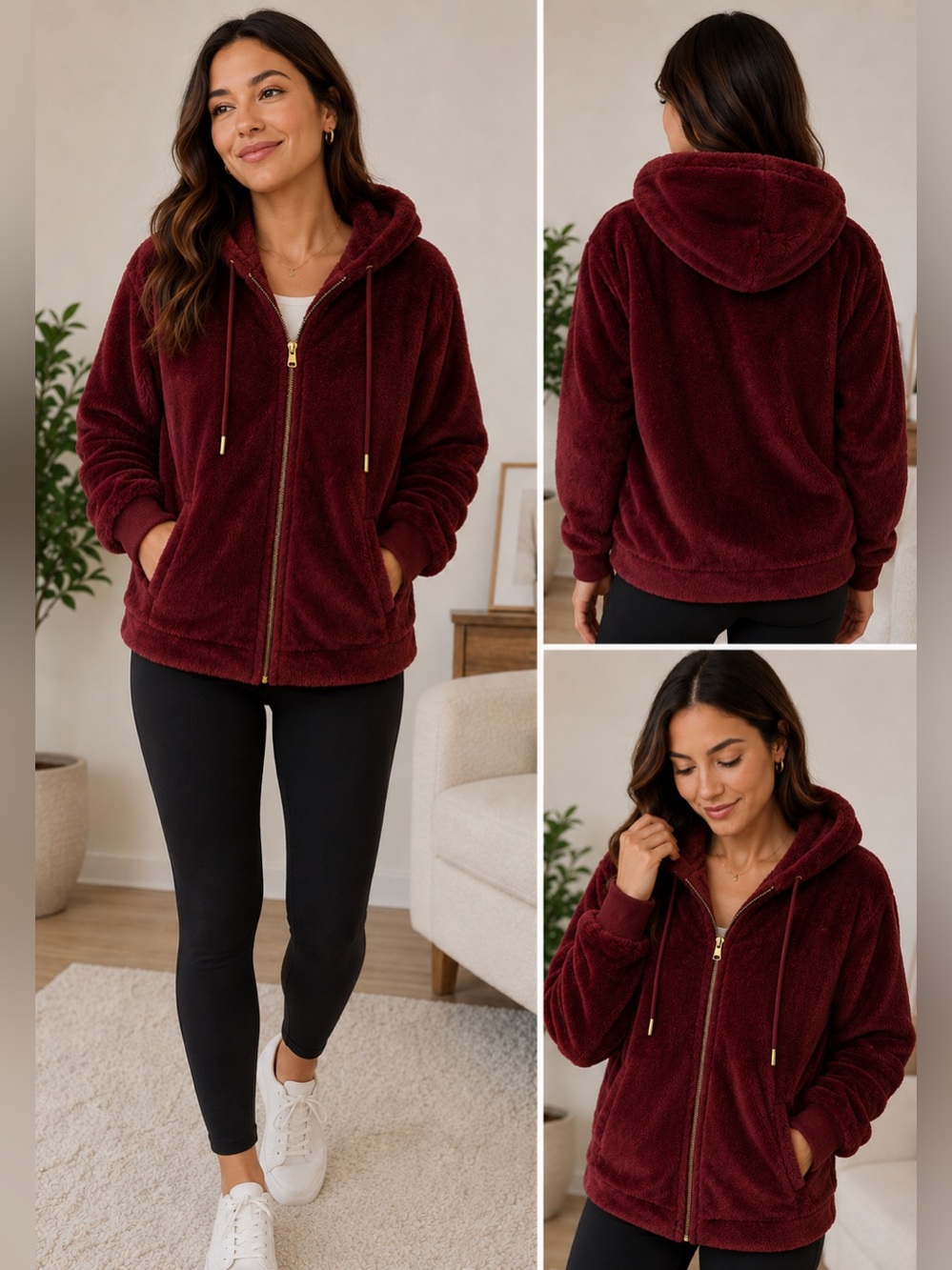 Soft Surroundings L Burgundy Faux Fur Zip Hoodie Coat | Cozy Plush